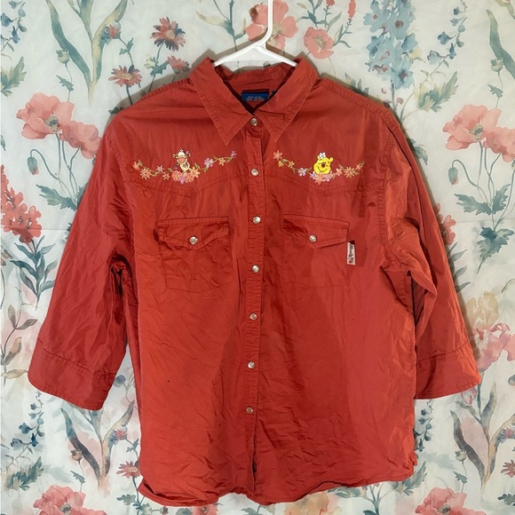 Disney Women's Coral Button Down Shirt with Winnie the Pooh Embroidery - Picture 1 of 13